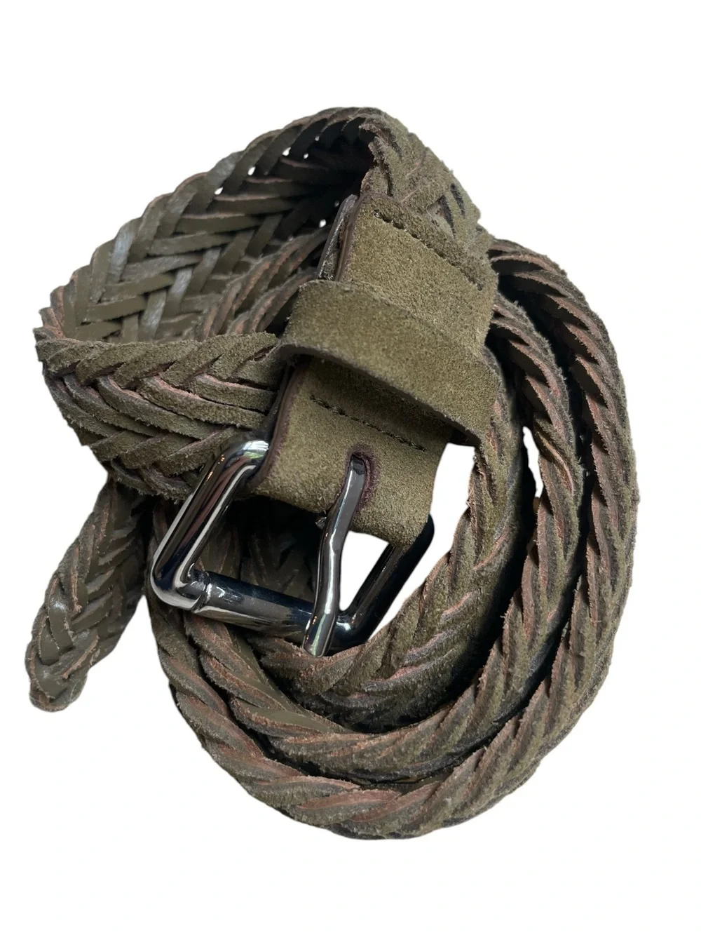 Banana Republic BR Men's L Belt Tan Green Suede Leather Braided Woven Italy